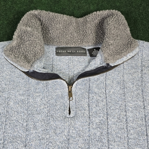 Oscar De LA Renta | Textured Stripe Waffle Knit Mock Neck Sherpa Collar Pullover - Picture 13 of 15